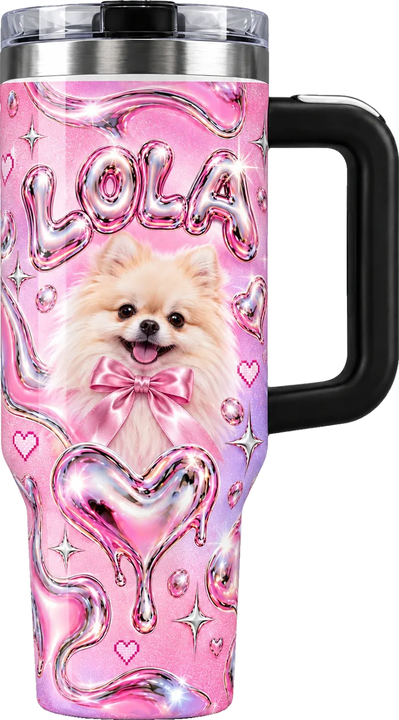 The Y2K Chrome tumbler with a Pomeranian with a bow, lettered LOLA