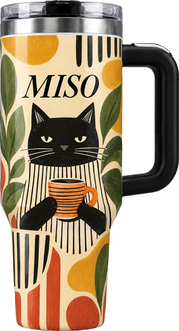 The Gallery tumbler with a black cat with a coffee, lettered MISO