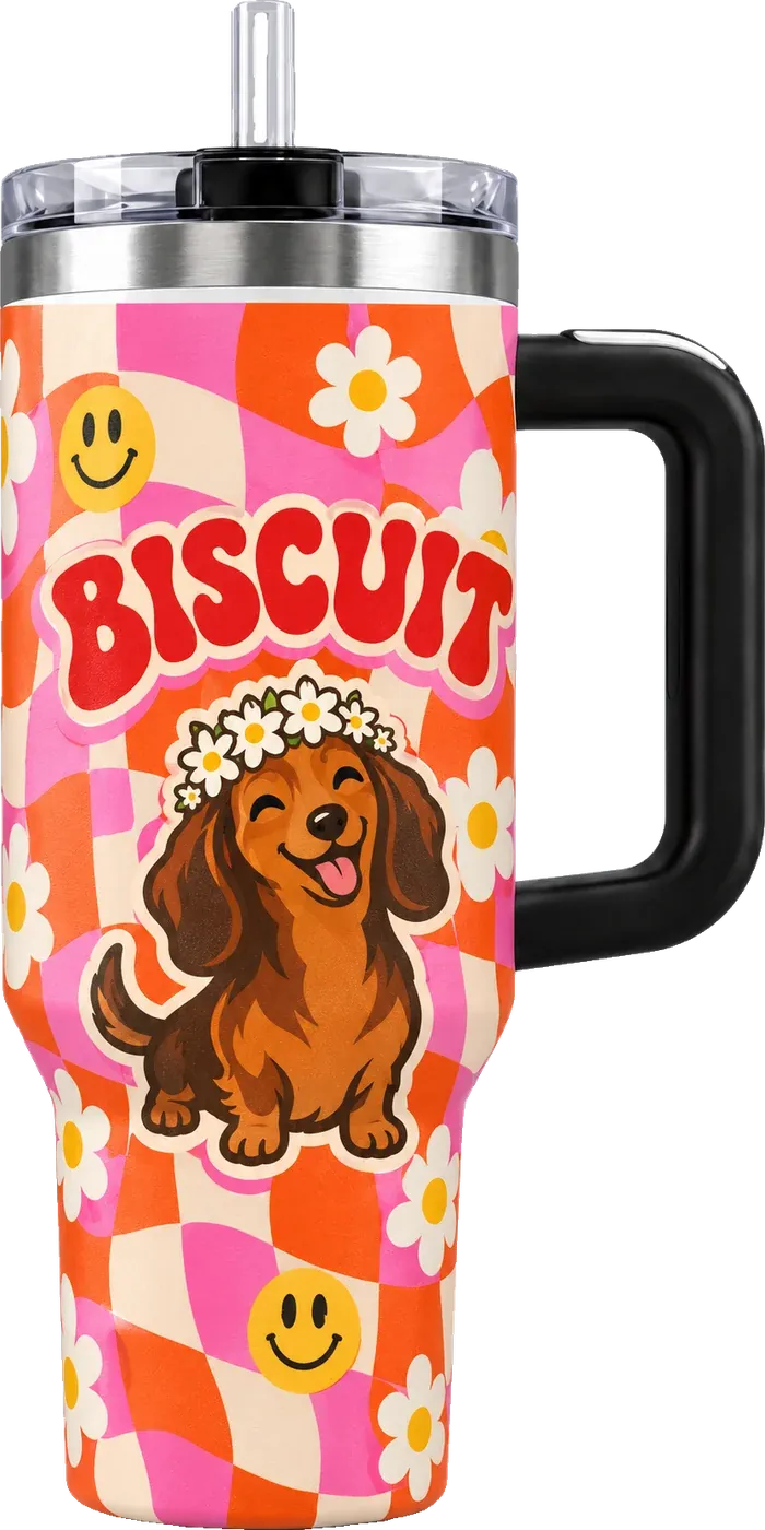 The Groovy tumbler: wavy orange and pink checks with a dachshund in a daisy crown