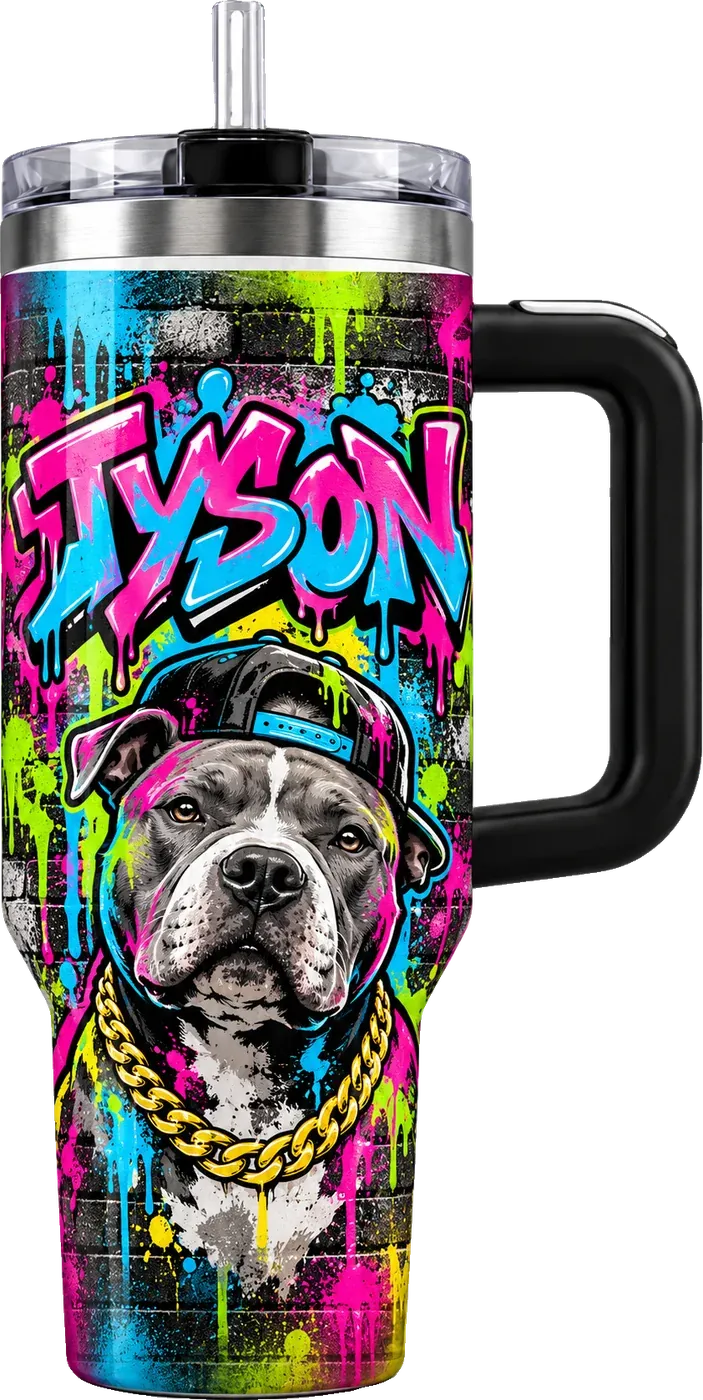 The Street tumbler: neon graffiti on brick with a pitbull in a gold chain