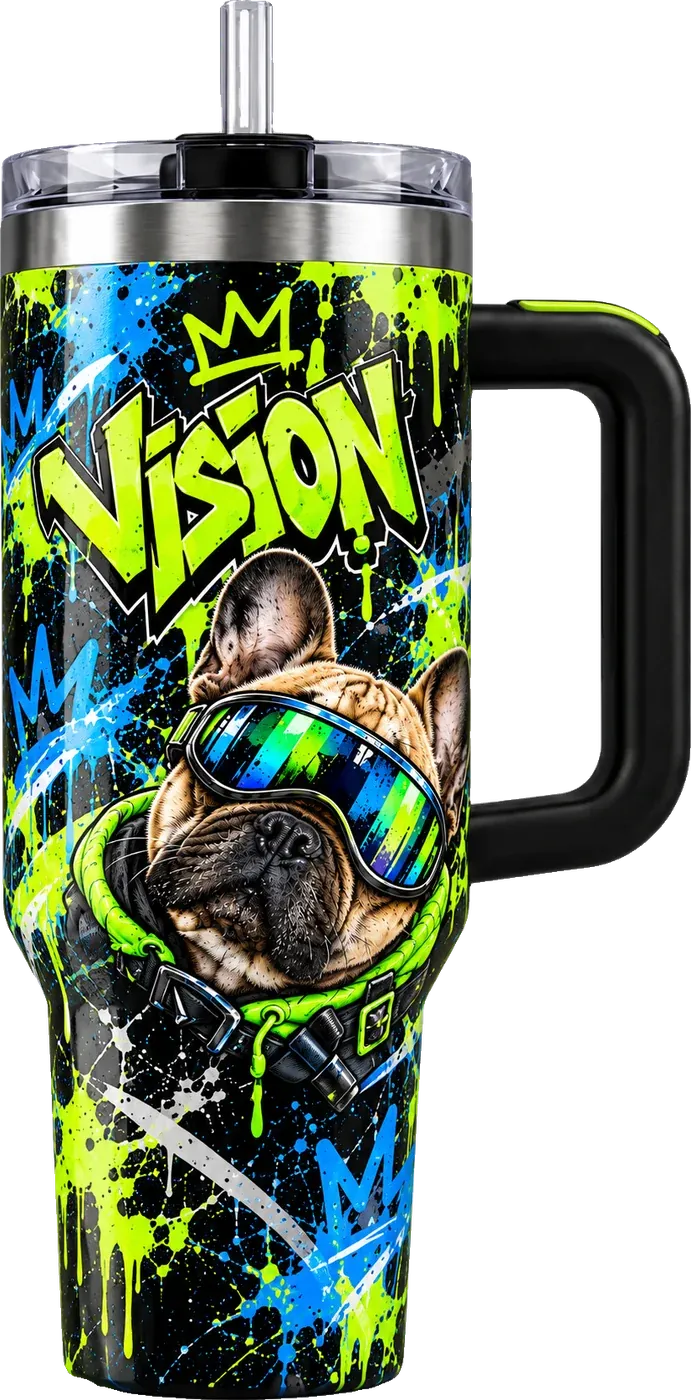 The Vision tumbler: neon lime and blue splatter with a French bulldog in ski goggles
