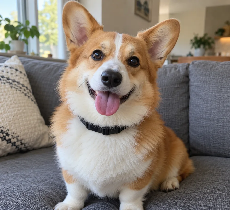 A red-and-white corgi sitting on a grey sofa with its tongue out, looking at the camera