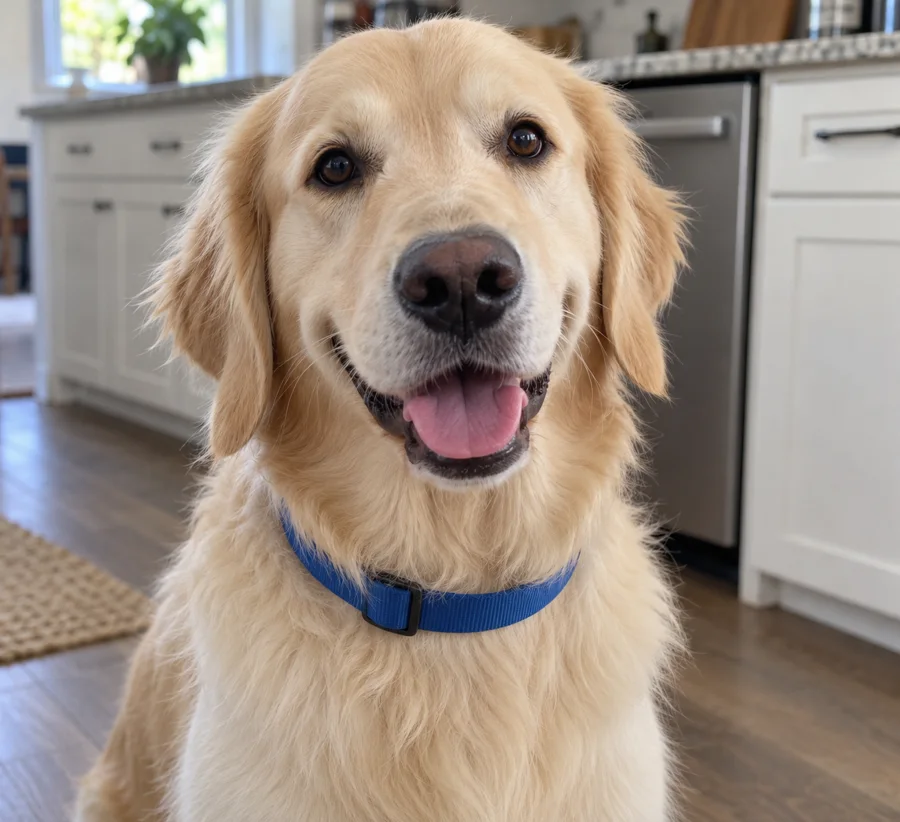 A golden retriever sitting on a kitchen floor, looking at the camera