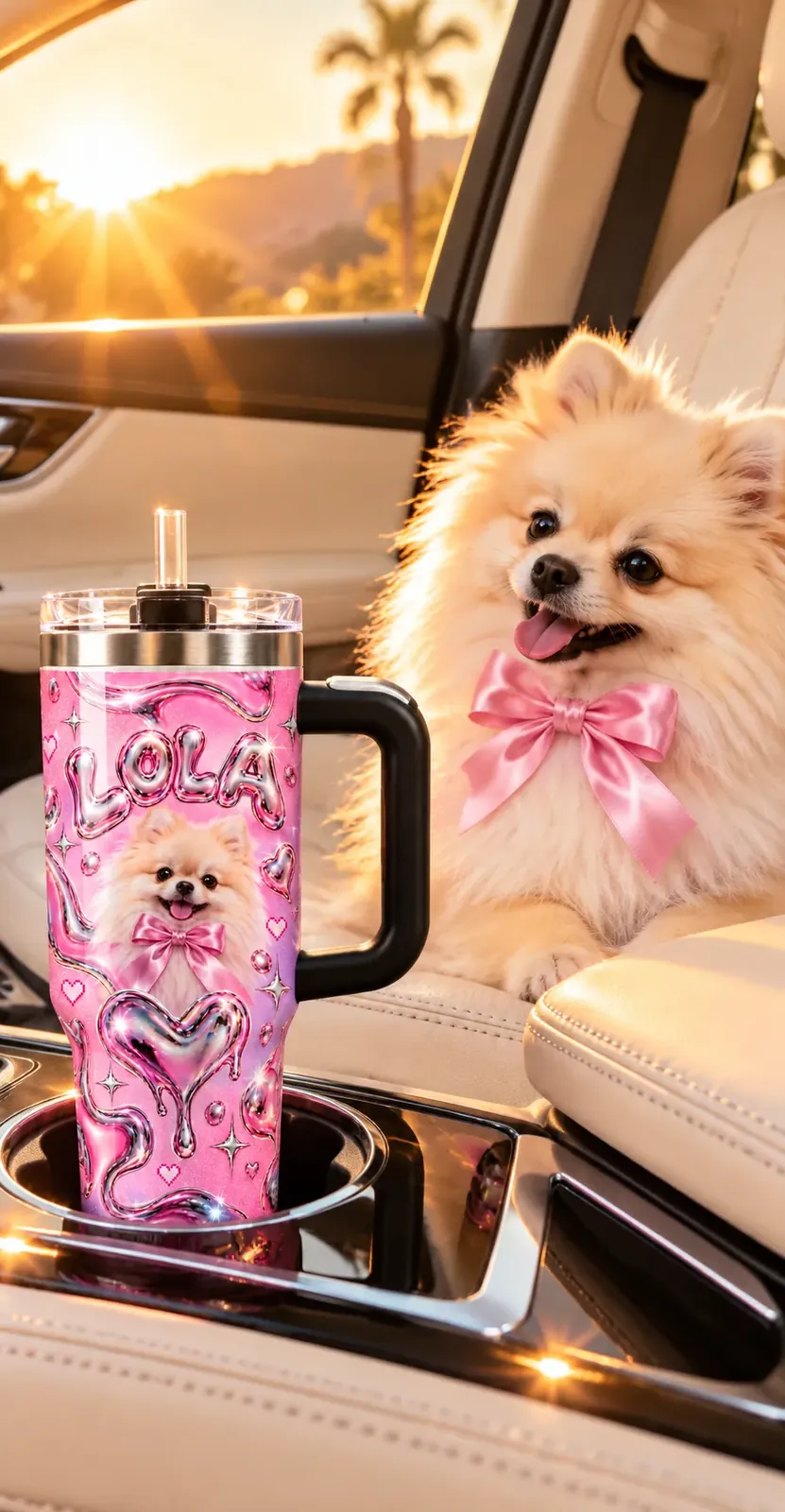 The Y2K Chrome tumbler with a Pomeranian in a car cup holder, the dog on the seat behind