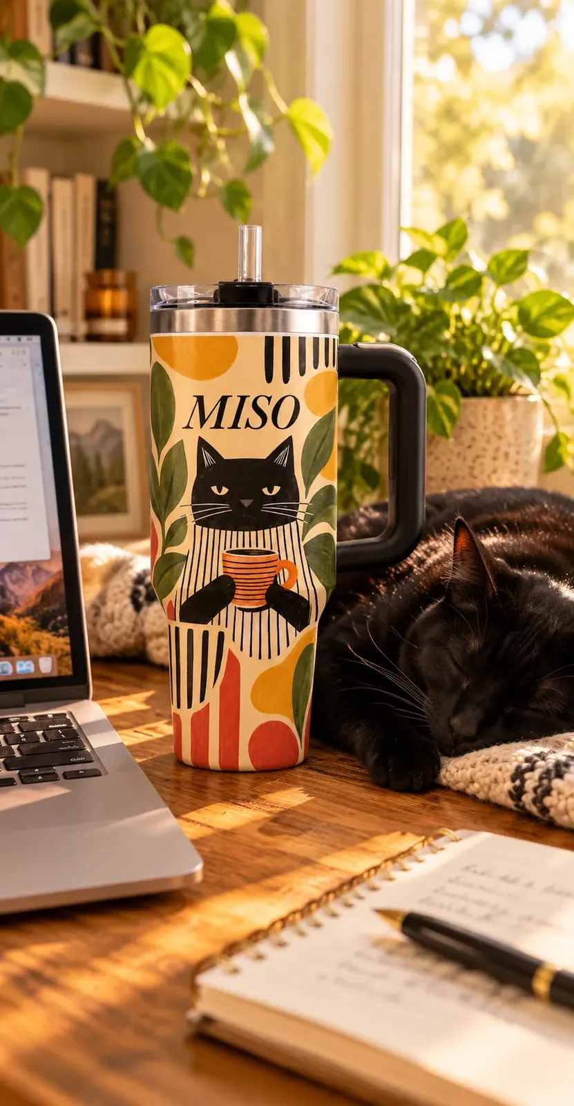 A Gallery tumbler with a black cat on a sunny desk