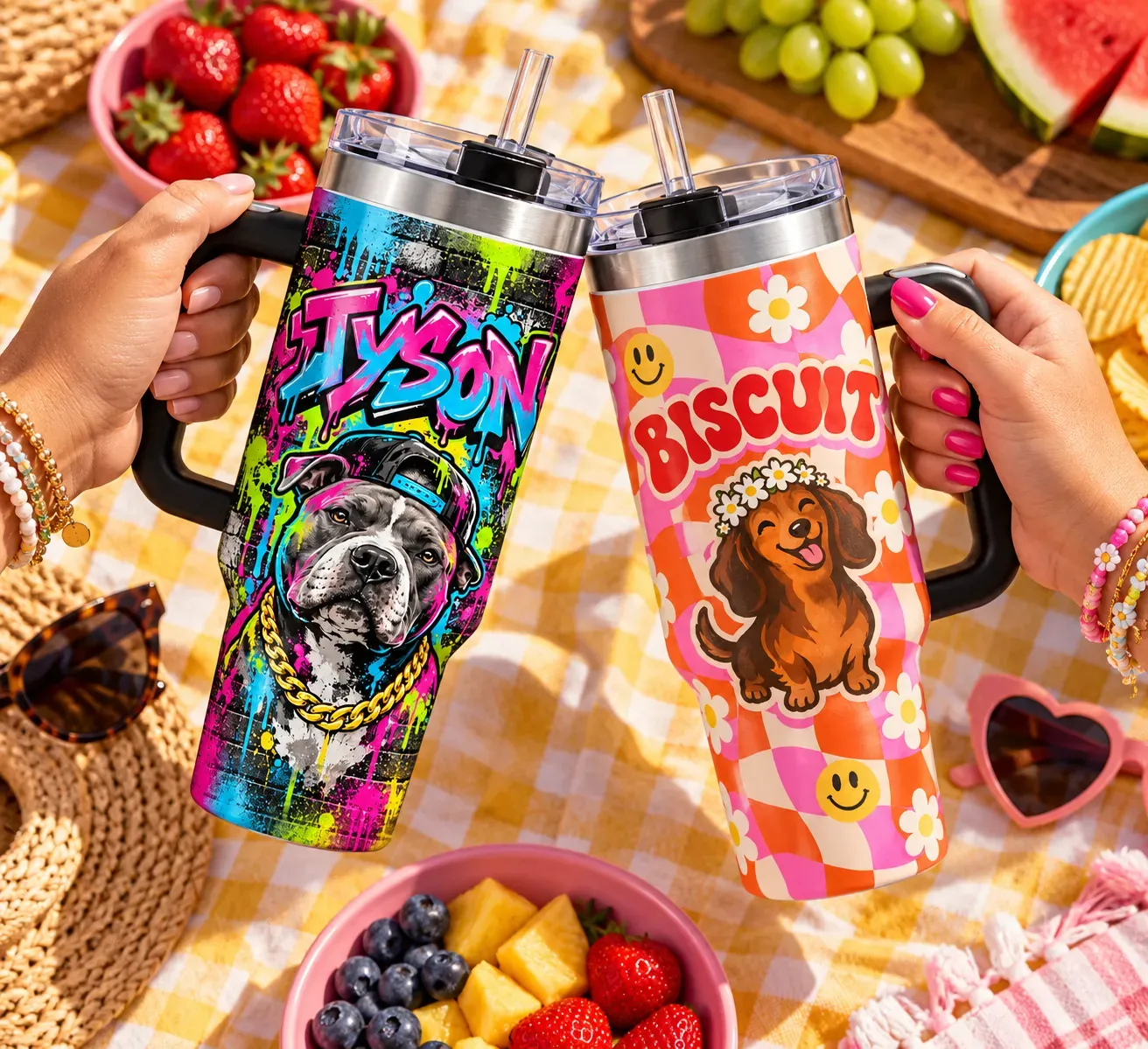 Two friends clinking Street and Groovy tumblers over a picnic