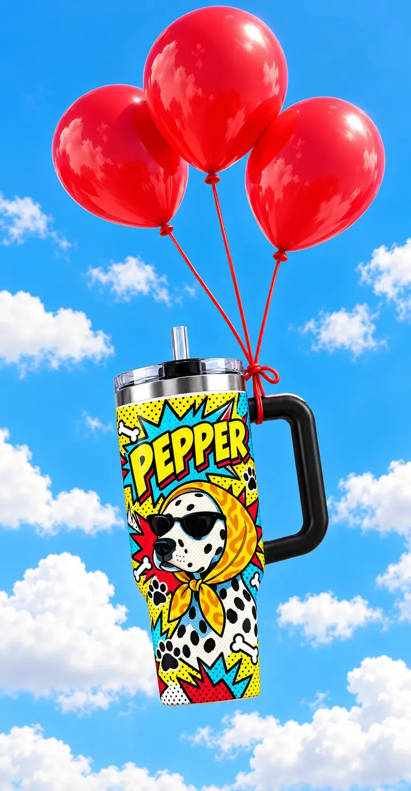 The Pop Art tumbler with a dalmatian, floating on red balloons in a blue sky