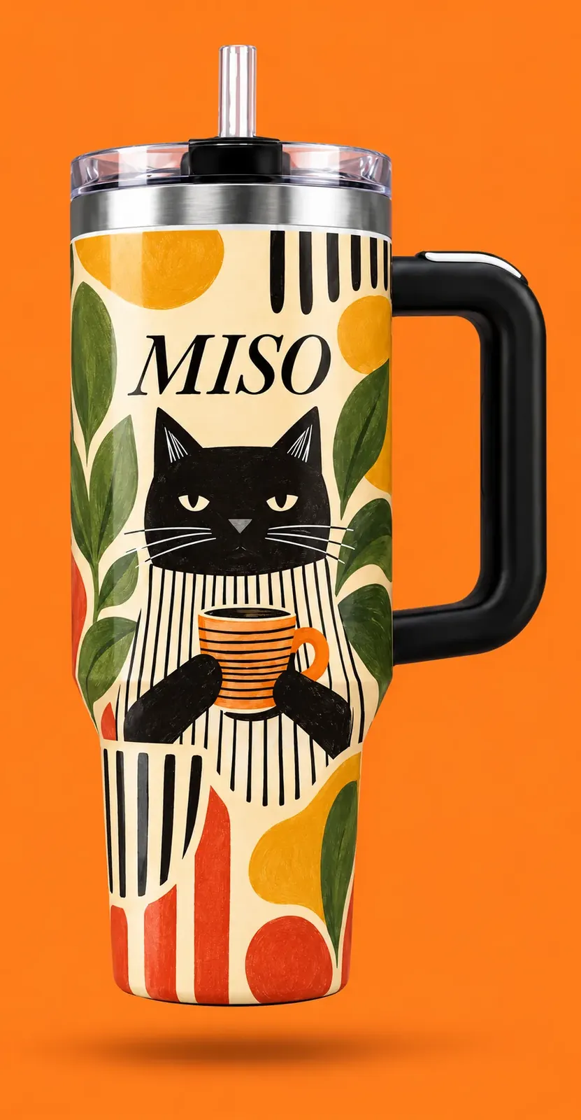 The Gallery tumbler with a black cat holding a coffee, on tangerine