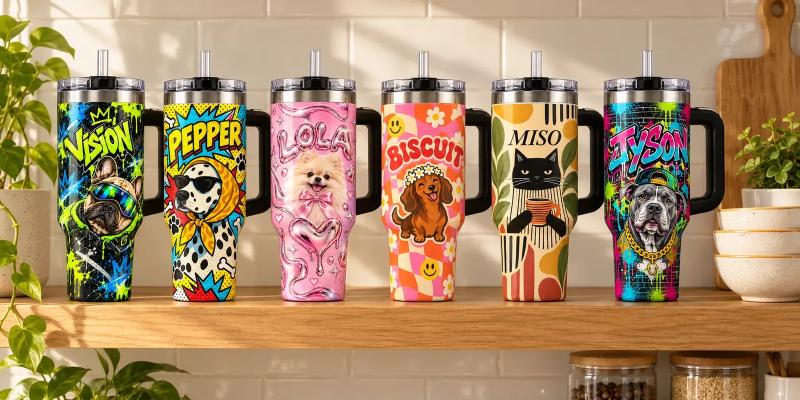 All six Splash Tumbler wraps lined up on a kitchen shelf