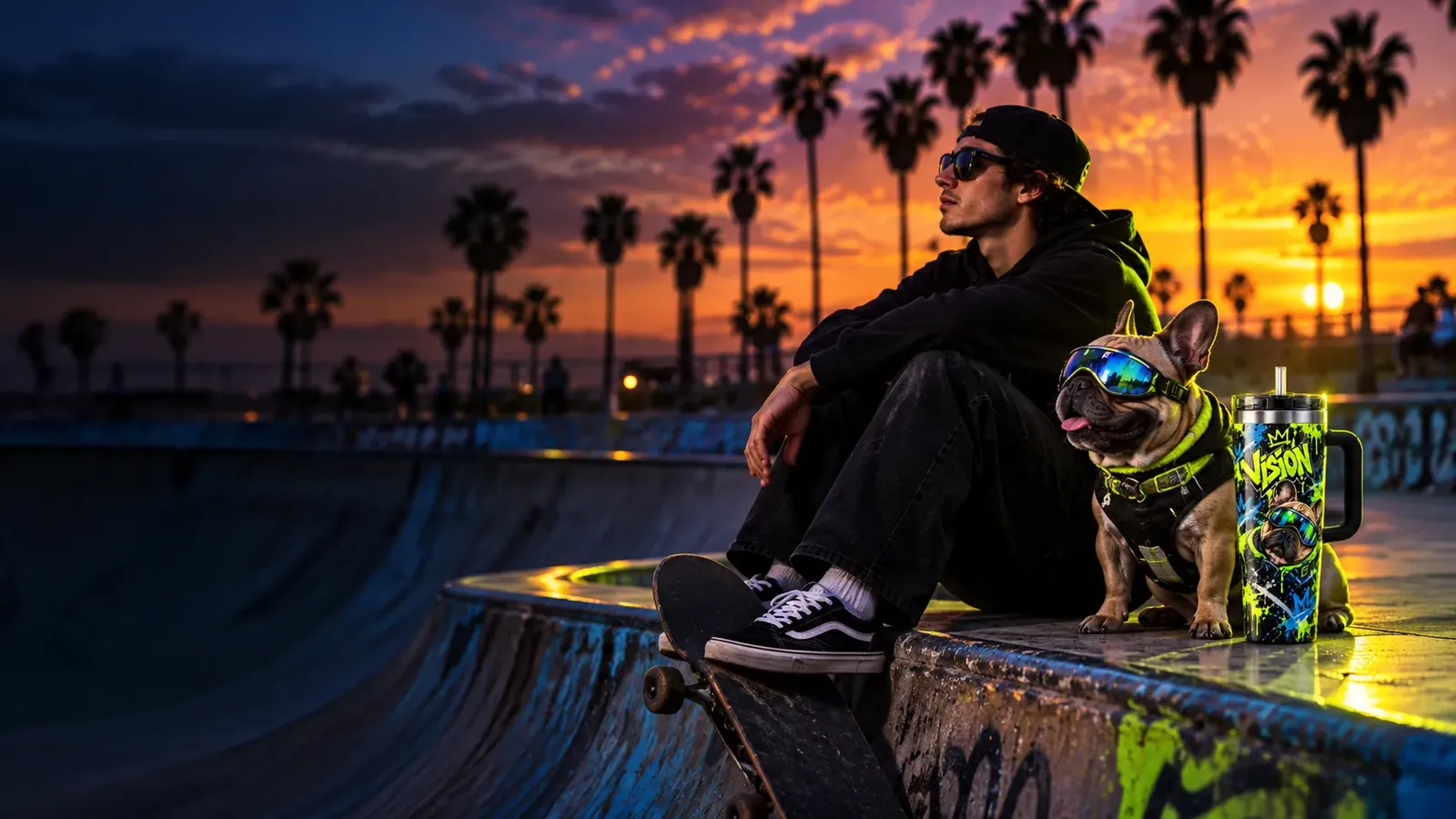 A skater at dusk with a French bulldog in goggles and a Vision tumbler