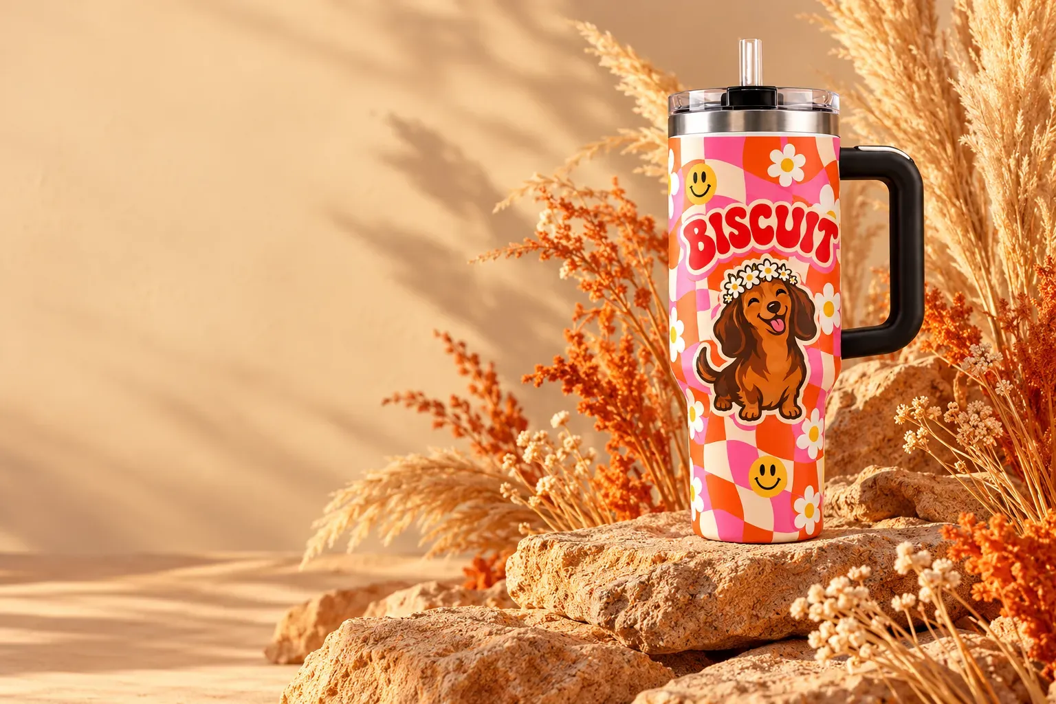The Groovy tumbler with a dachshund on sandstone with dried grasses